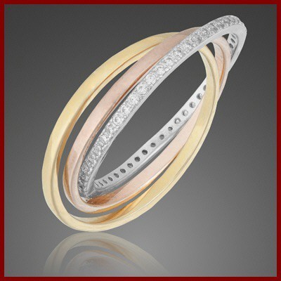 Anel / aliança de prata 925 entrelaçada tricolor com pedras zircão