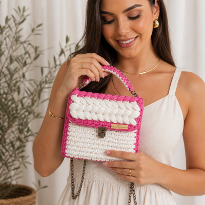 Bolsa em crochê feita à mão (branca & rosa)