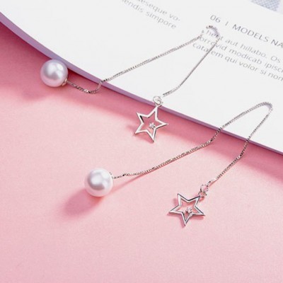 Brincos compridos de prata 925 com pérola e estrela