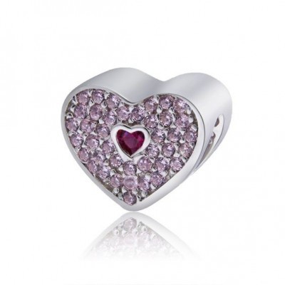 Conta de prata 925 compatível com pandora (coração - cristais rosa)