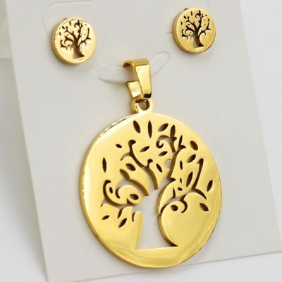 Conjunto brincos e pendente de aço inoxidável banhado a ouro (árvore)