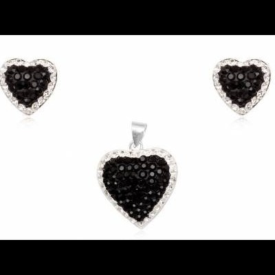 Conjunto brincos e pendente prata 925 c/ cristais pretos e brancos (coração)