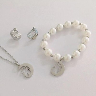 Conj. pingente / pendente + pulseira + brincos de aço inoxidável (lua e urso)