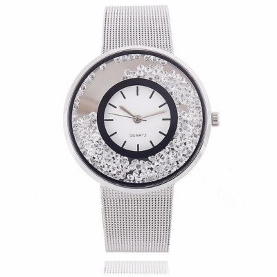 Relógio com bracelete de malha em aço inoxidável e cristais