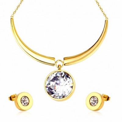 Conjunto brincos e pendente de aço inoxidável banhado a ouro com pedra zircão