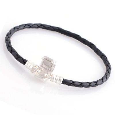 Pulseira de couro e prata 925 compatível com pandora para contas