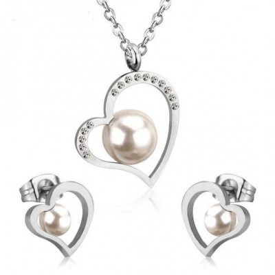 Conjunto pingente / pendente + brincos de aço inoxidável (coração + pérola)