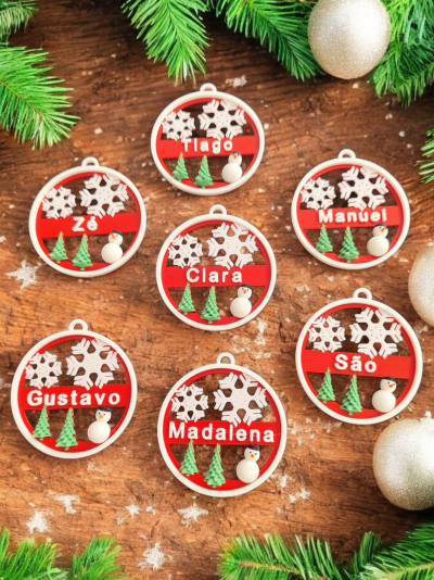 Bola de Natal com Arvore e Boneco de Neve