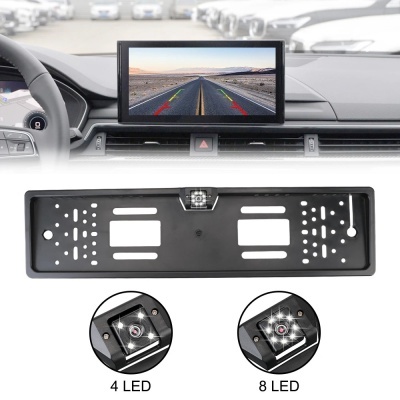 Camera de visão traseira do carro com quadro europeu titular da placa, Sensor de estacionamento, Sensor de estacionamento, Acessórios Universal Auto, 4, 8 LED, 12V