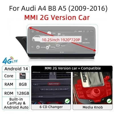 Radio Audi A4 B8  A5 2008-2010  Navegação GPS Sem Fio Carplay RDS WIFI 4G QLED