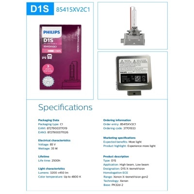 Lâmpada Philips-OEM XENON D1S X-treme Vision Plus Gen2 4800K + 150% Branco Brilhante HID Car Original Lâmpada, 1 UNIDADE Lâmpada Philips-OEM XENON D1S X-treme Vision Plus Gen2 4800K + 150% Branco Brilhante HID Car Original Lâmpada, 1 UNIDADE