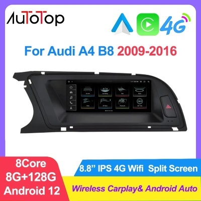 Radio Audi A4 B8 2013-2016, 8,8 ",  4G, Bluetooth, Wi-Fi, Google Play, Navegação GPS