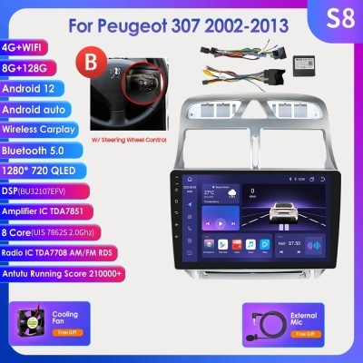 Radio Peugeot 307, 10.33 ", 9", 2Din, , 307CC, 307SW, 2002-2013, GPS Navi, Carplay, Auto, 4G, RDS, BT Radio Peugeot 307, 10.33 ", 9", 2Din, , 307CC, 307SW, 2002-2013, GPS Navi, Carplay, Auto, 4G, RDS, BT