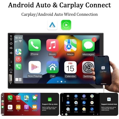 Radio Android HD Touch Screen, Autoradio Universal,  Carplay, 1 din, 7 polegadas, FM, entrada AUX, Bluetooth, MirrorLink