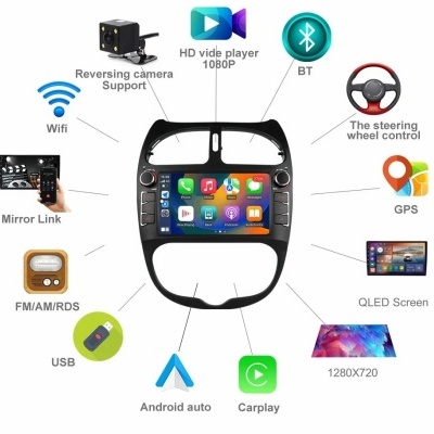 Radio Peugeot 206, 206CC, 206SW, 2000-2008 Multimídia Navegação GPS Sem Fio Carplay RDS WIFI 4G QLED
