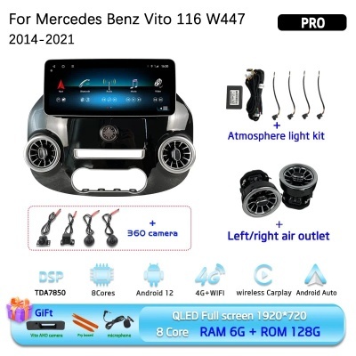 Radio  Mercedes Benz, 12,3 ", Vito W447 116 2014-2021, navegação GPS, rádio, Android 12, Carplay, 4G, câmera 360 TOPO de GAMA 2024 KIT