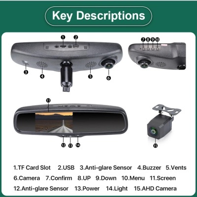 KIT Completo Sensor video do estacionamento do carro, radar alternativo, 5 polegadas, 1080P, retrovisor, DVR interior, monitor do espelho, gravador com câmera do carro