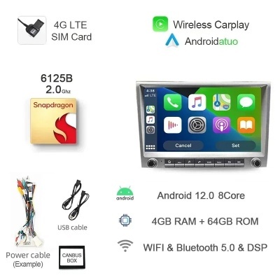 Radio Porsche Cayman 911, 987, Boxster 997, 7862, 720P Auto Android 12, 8G + 256G, navegação GPS, 4GB Carplay,  navegação GPS Radio Porsche Cayman 911, 987, Boxster 997, 7862, 720P Auto Android 12, 8G + 256G, navegação GPS, 4GB Carplay,  navegação GPS