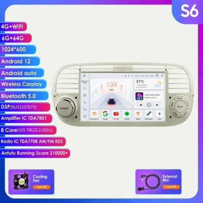 Radio Automóvel Android, Tela Inteligente, Navegação GPS, Carplay, Auto 4G RDS, 2Din, 7 ", 7862, Fiat 500 2007-2015 Radio Automóvel Android, Tela Inteligente, Navegação GPS, Carplay, Auto 4G RDS, 2Din, 7 ", 7862, Fiat 500 2007-2015