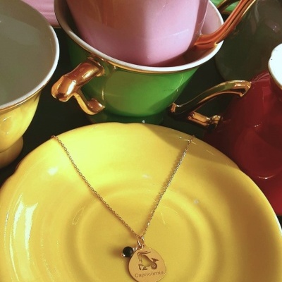 Colar Signo Capricórnio Prata 925 c/ Banho de Ouro e  Pingente Obsidiana Negra