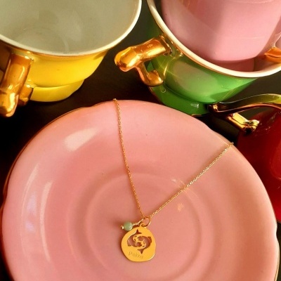 Colar Signo Peixes  Prata 925 c/ Banho de Ouro e Pingente Amazonita