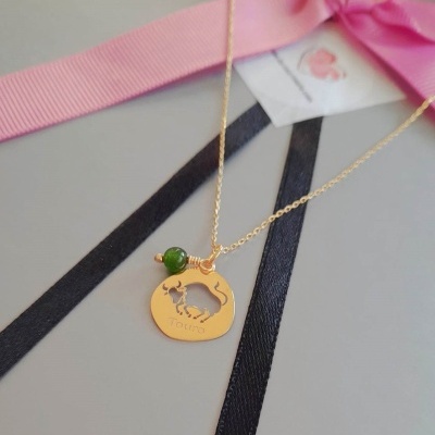 Colar Signo Touro Prata 925 c/ Banho de Ouro  e Pingente Jade Verde