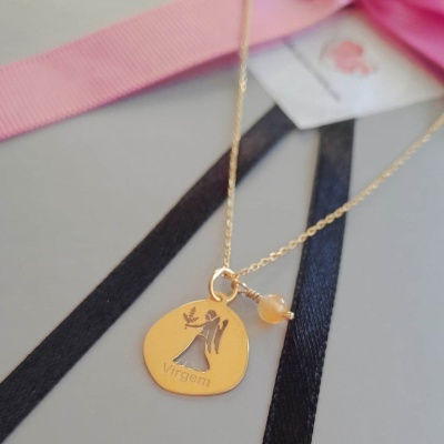 Colar Signo Virgem  Prata 925 c/ Banho de Ouro e Pingente Aventurina Laranja