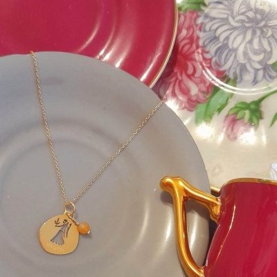 Colar Signo Virgem  Prata 925 c/ Banho de Ouro e Pingente Aventurina Laranja