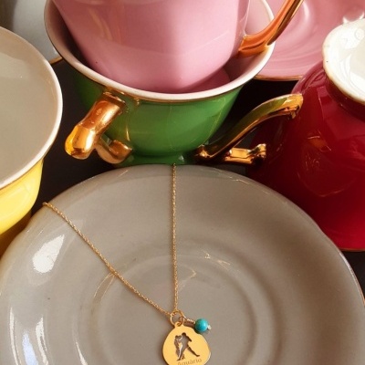 Colar Signo Aquário Prata 925 c/ Banho de Ouro e Pingente Turquesa