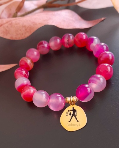 Pulseira Balança Prata 925 c/ Banho de Ouro e Ágatas Rosa