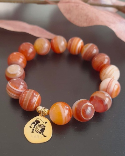 Pulseira Leão Prata 925 c/ Banho de Ouro e Cornalinas