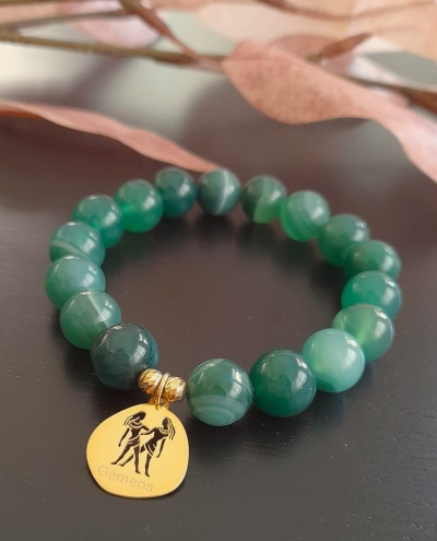 Pulseira Gémeos Prata 925 c/ Banho de Ouro e Ágatas Verdes