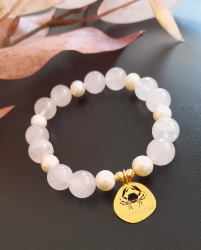 Pulseira Caranguejo Prata 925 c/ Banho de Ouro e Quartzo Rosa e Pérolas Aquacultura