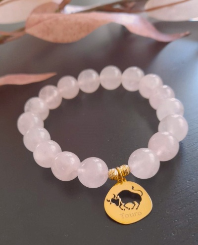 Pulseira Touro Prata 925 c/ Banho de Ouro e Quartzo Rosa