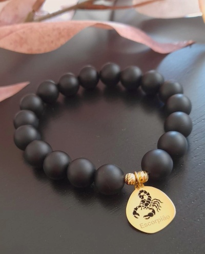 Pulseira Escorpião Prata 925 c/ Banho de Ouro e  Obsidianas