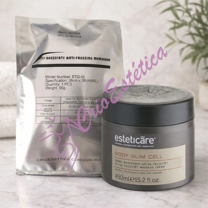 Pack Criolipólise Profissional: 15 Membranas Anticongelantes + Creme Reafirmante Pack de criolipólise com membrana anticongelante e creme Esteticare.