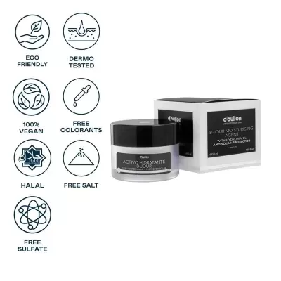 Activo Hidratante B-Jour com símbolos vegan, Halal e dermatologicamente testado