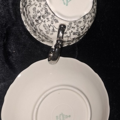Serviço de chá vintage Mitterteich Bavaria anos 50 em porcelana com detalhes em prata - Conjunto para 10 pessoas/ Mitterteich Bavaria 50s Vintage Tea Set in Porcelain with Silver Accents – Set for 10 people