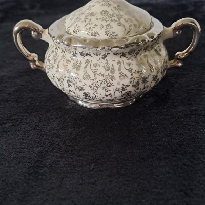 Serviço de chá vintage Mitterteich Bavaria anos 50 em porcelana com detalhes em prata - Conjunto para 10 pessoas/ Mitterteich Bavaria 50s Vintage Tea Set in Porcelain with Silver Accents – Set for 10 people