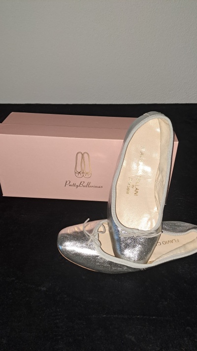 Sapatilhas Bailarina Femininas Flavio Castellani Prateadas – Exclusivas e Elegantes, Tamanho 37, Novas com Caixa Original/Women's Ballerina Slippers Flavio Castellani Silver – Exclusive and Elegant, Size 37, New with Original Box