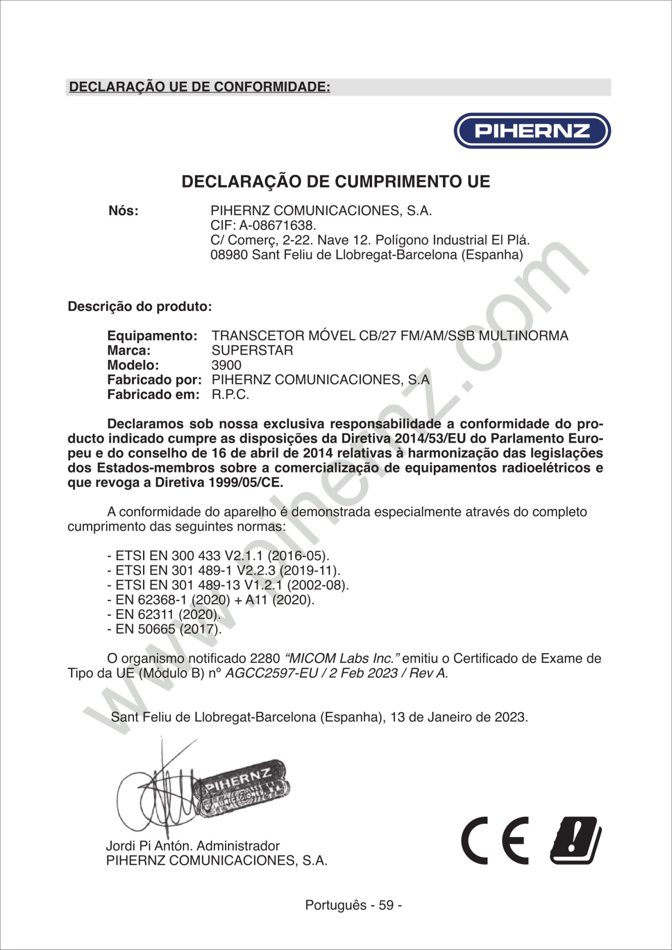 Certificado de Conformidade UE