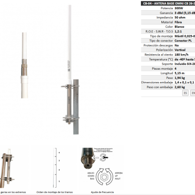 Antena Base  CB 27Mhz AM FM SSB  FIBRA  TAGRA  CB-04 - Com 4 Tramos