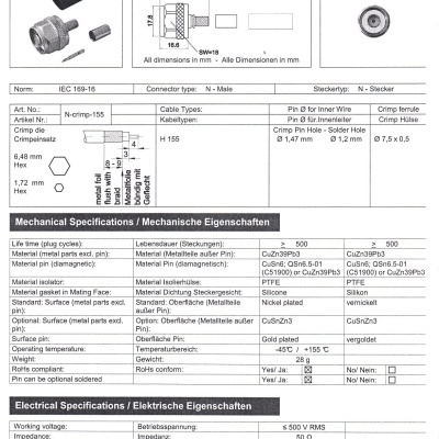 Conector Tipo N Macho Cravar Cabos AIRCELL-7 e outras versões com 7mm de diâmetro Ref UG-N-7-C  Made in Germany