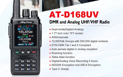 Rádio Portátil Dual Band  Anytone  AT-D168-UV - Analógico e DMR