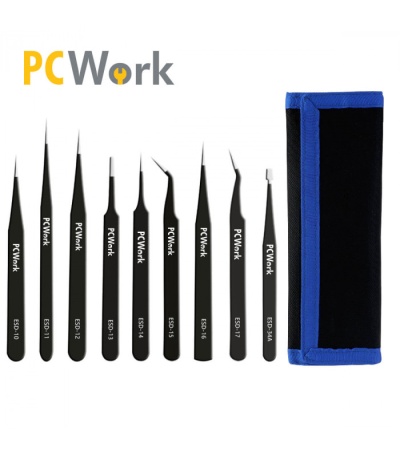 CONJUNTO DE PINÇAS EM AÇO INOXIDÁVEL ESD 9 PEÇAS PCWork PCW08G