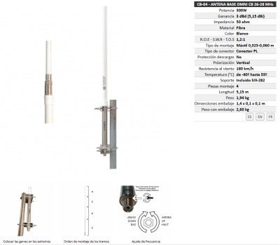 Antena Base  CB 27Mhz AM FM SSB  FIBRA  TAGRA  CB-04 - Com 4 Tramos