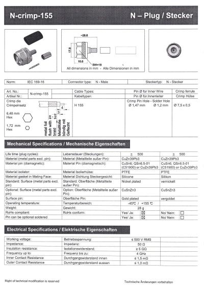 Conector Tipo N  Macho Cravar Cabos  RG-58/142/RG-400/Aiborne-5 UG-21-5-CR  Made in Germany