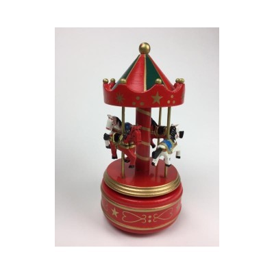 Carrossel madeira com cavalos vermelho MusicBox
