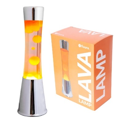 Fisura Candeeiro de lava com base cromada, líquido transparente e lava laranja