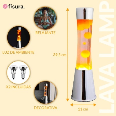 Fisura Candeeiro de lava com base cromada, líquido transparente e lava laranja